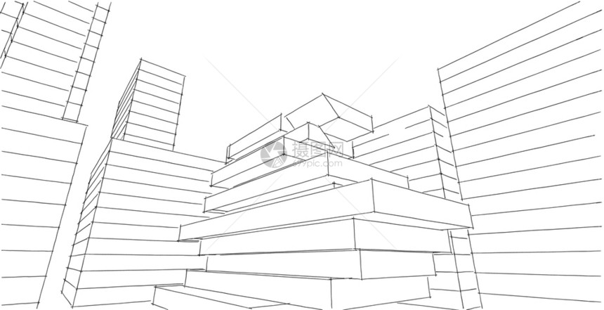 家摩天大楼现代建筑化结构有线框架城市概念Werframe3D建筑图解的图片