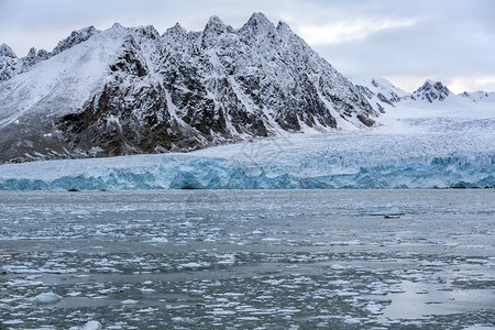 伍迪艾伦北极高纬度地区斯瓦尔巴群岛匹茨贝根的Woodfjorden摩纳哥冰川的终点艾伦山融化背景