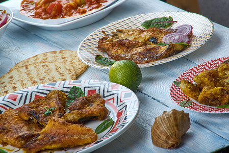喀拉风格烹饪传统各种菜盘顶视图食物子发泄图片