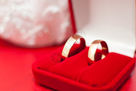 绒盒里的两个金结婚戒指背景图片