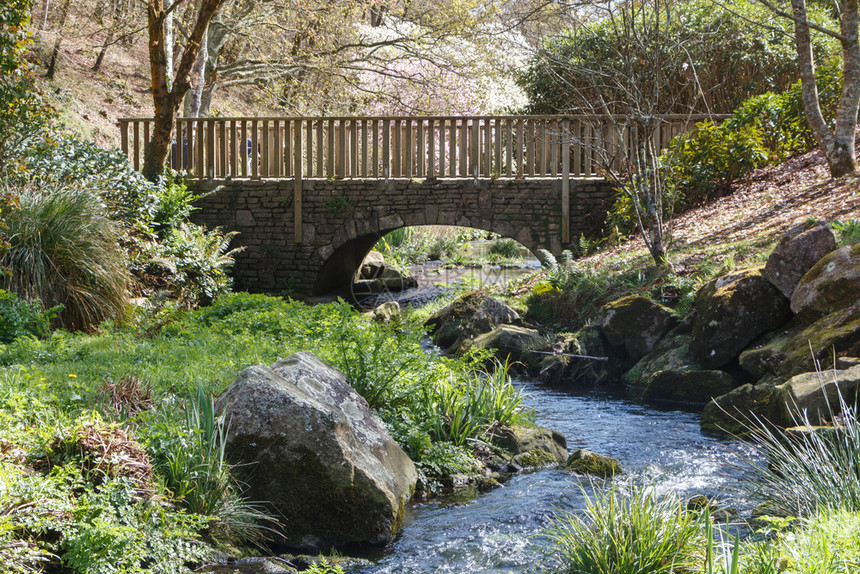 木头在公共园里有一座桥的河流自然结石图片
