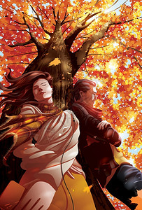 矢量插图展示两位情人在秋天的Mamele树下一起听音乐在面公园叶子图片