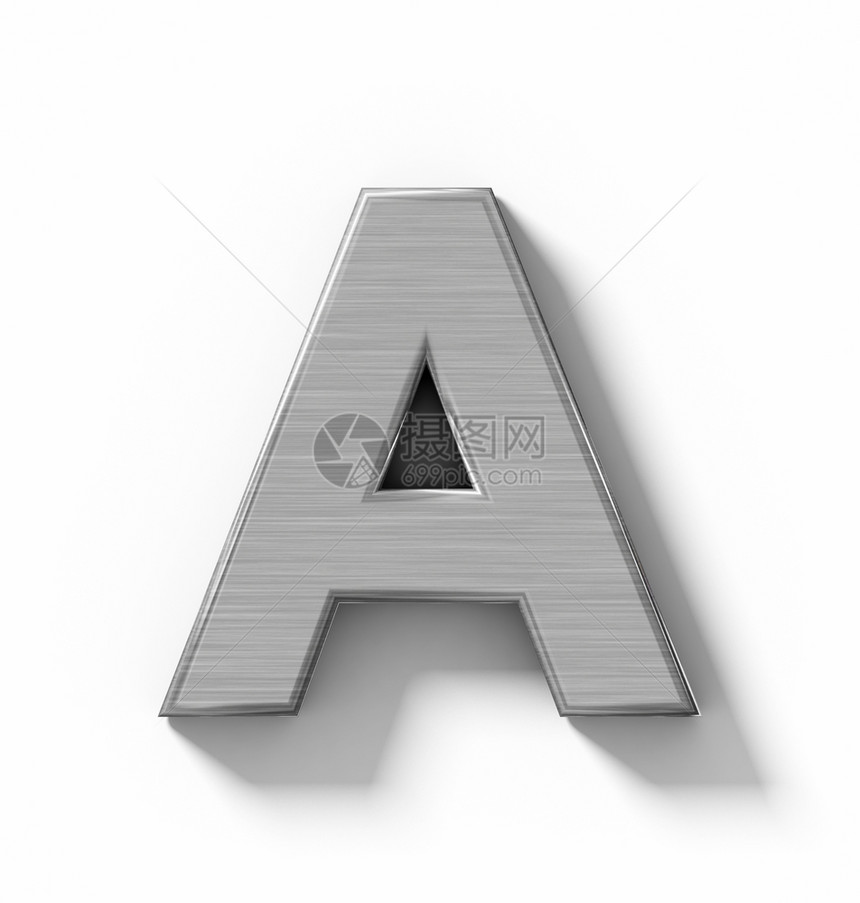 信字母A3D金属在白色上隔离有阴影垂直投3D字体斜图片