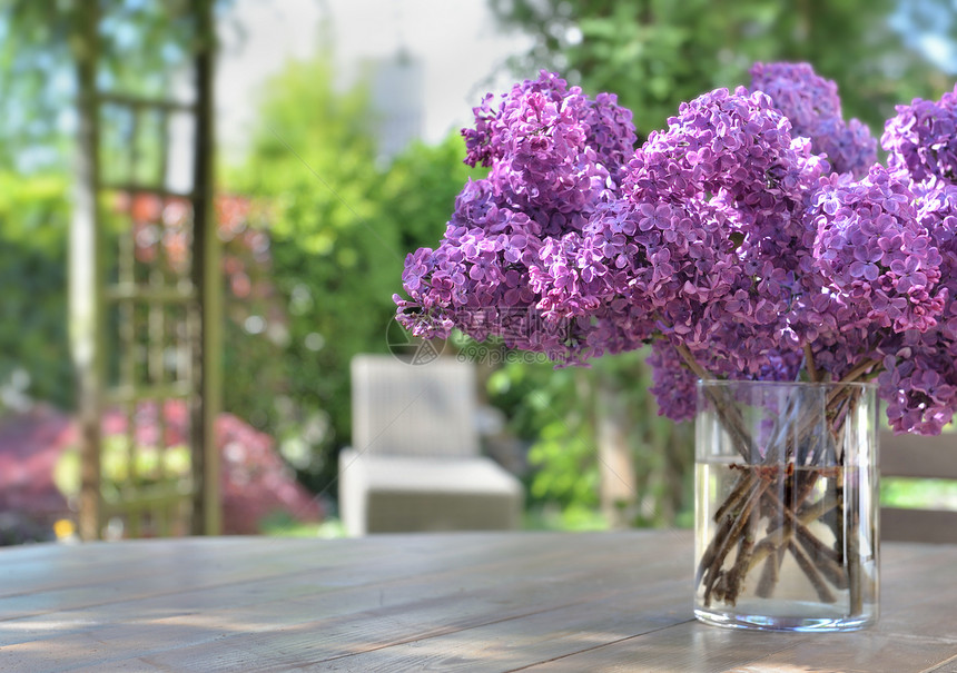 自然食物在花园的木制桌子上花朵盛着紫色的束美丽植物图片