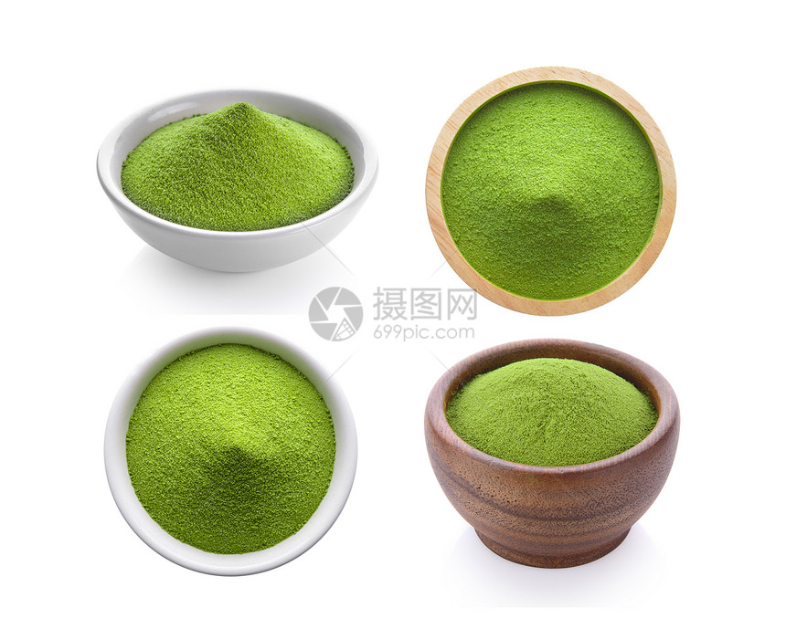 白色背景的碗中绿茶粉白色仪式亚洲人图片