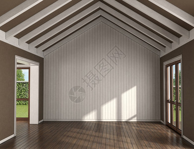 视窗人们优雅空起居室背景有木墙大窗户和屋顶梁3D为空起居室背景有木墙图片