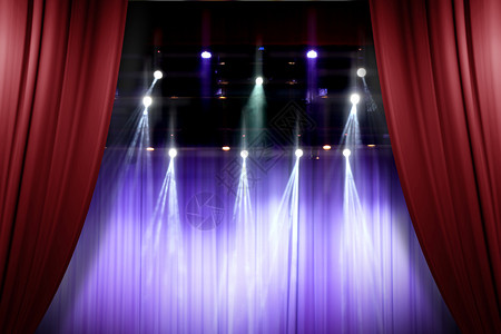 天鹅绒居住剧院戏舞台红窗帘打开供现场表演背景人使用背景图片
