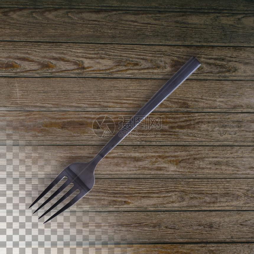 晚餐在透明背景下隔离的钢铁板金属叉子木制的单身图片