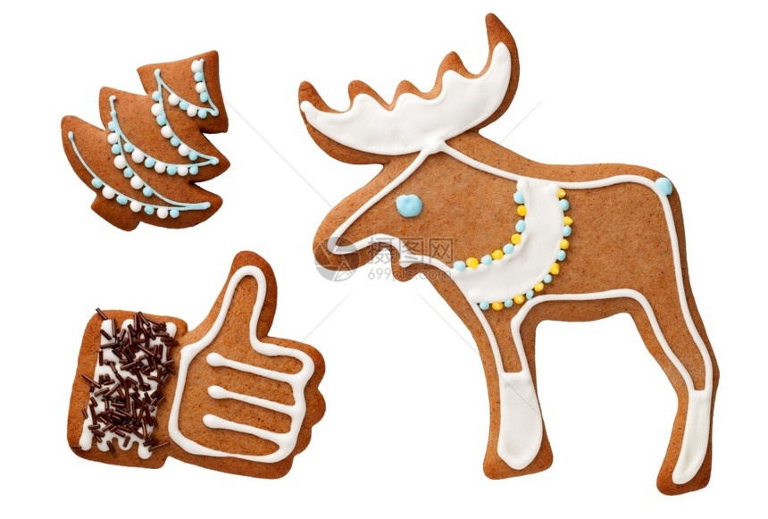 在白背景圣诞树上孤立的姜饼拇指举起和驼鹿顶部视图庆典驯鹿冬天图片