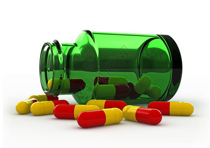 一种白色的背景下药丸和小瓶3d渲染止痛药图片