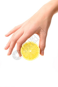 黄色的白成熟女食物手握柠檬与白种背景隔绝图片