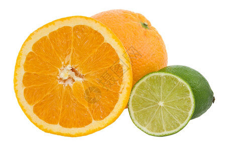 白上孤立的橙果和绿柠檬蔬菜酸饮食图片