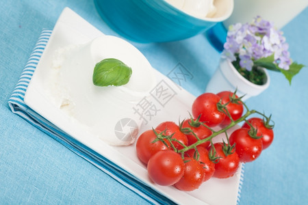 牛奶盘子意大利新鲜奶制品如莫扎里拉瑞冰塔和樱桃西红柿色的图片