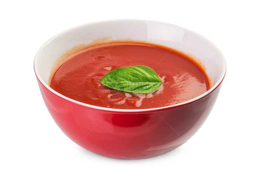 绿色食物白上孤立的新鲜番茄汤碗奶油图片