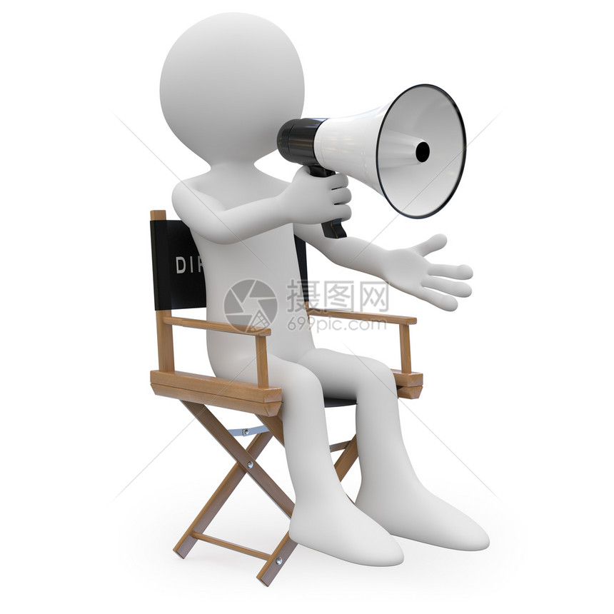 插图电影导演坐在一张有扩音器的椅子上高分辨率在白色背景和分散阴影的白色背景上制作男人渲染图片