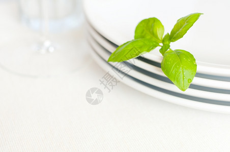 空酒杯餐具白板有巴西尔叶和酒杯的浅桌布厨房卡片设计图片