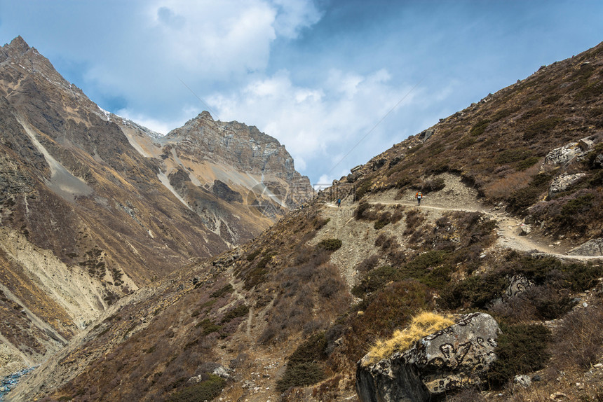 跋涉徒步旅行者在美丽的喜马拉雅山上勇敢的观光者春天在尼泊尔图片