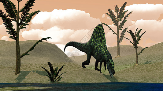 肉食性的亚利桑那龙恐在沙漠中行走石化树间3D形象的厚翅目三叠纪设计图片