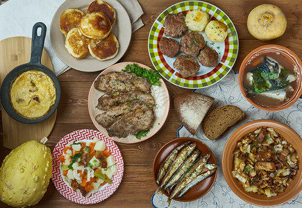 瑞典自制烹饪传统各类菜盘顶视图布伦卡尔一种马克里索帕图片