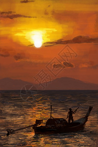 早上日出时在海船的渔民画夏天夫图片