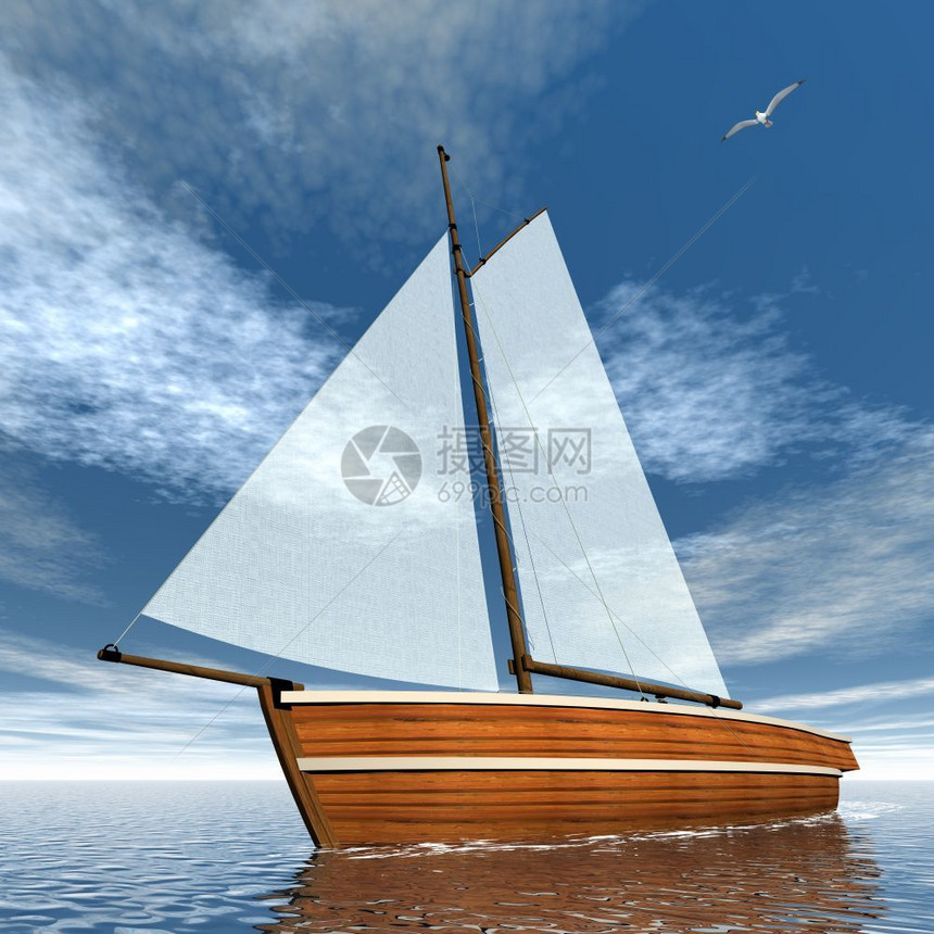 日3D时在海上漂浮的帆船游艇使成为木制的图片