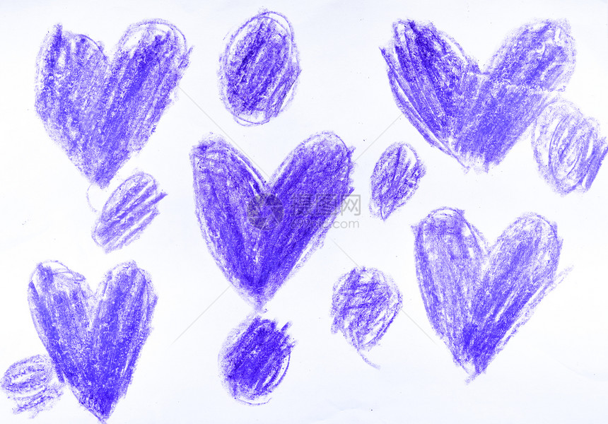 手画的紫色红心背景儿童绘画假期浪漫插图图片
