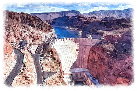 地标胡佛大坝数字水彩色绘画科罗拉多州亚利桑那图片