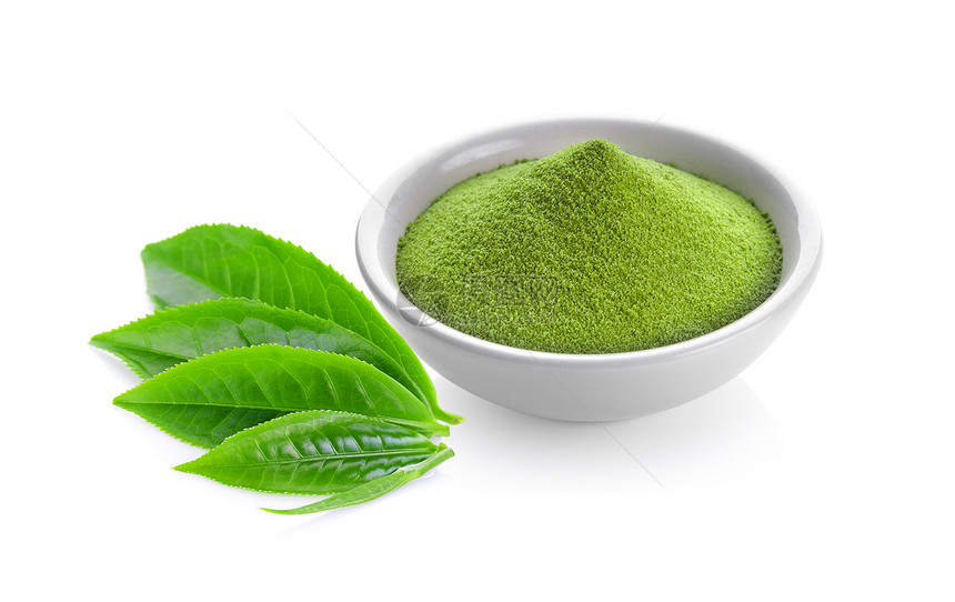 茶叶叶子与绿茶粉图片