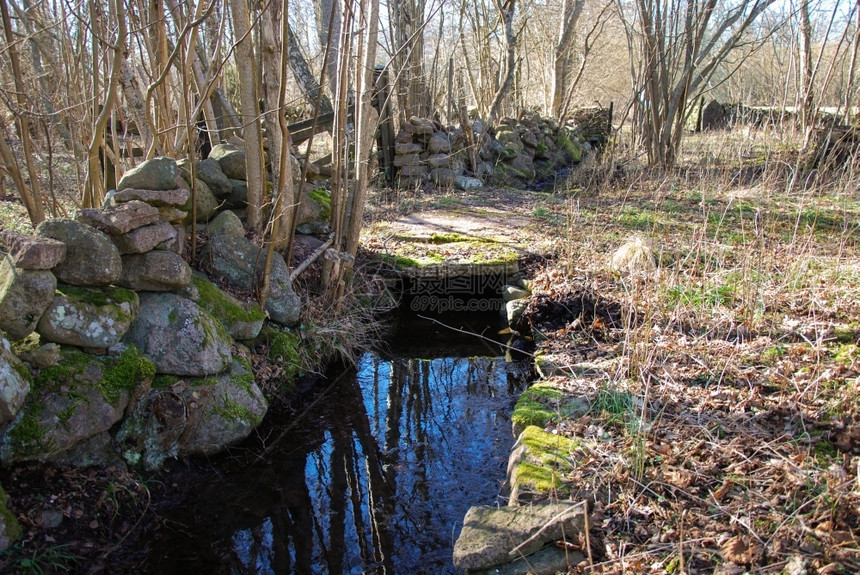 叶子看见一个用石墙和块平板岩石过桥的老沟渠式图片