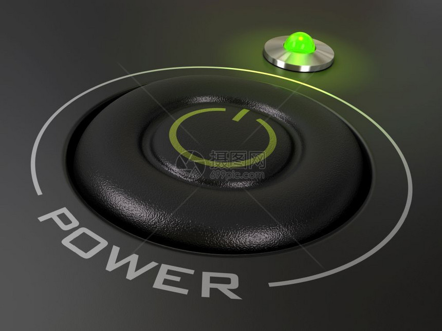 硬件行动个人计算机上的电源按钮绿色引导是亮灯图像在黑背景电源按钮上显示的启动个人计算机pc转变图片