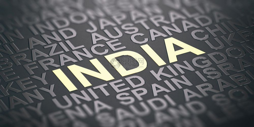 目的地金重点注意印度用金字和许多其他国名3D说明家称的印度写成词聚焦印度概念的图片