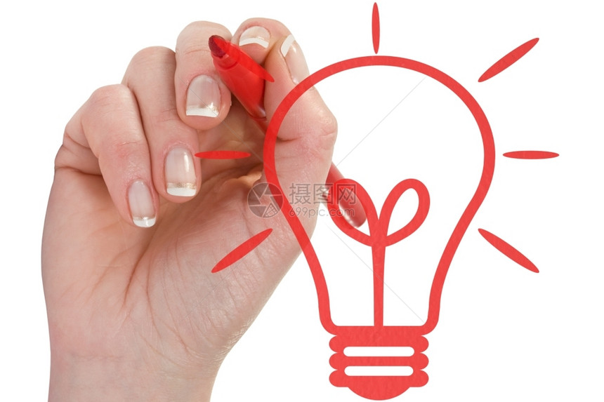 灵感力量电灯泡手在白背景上画灯泡生态商业概念图片