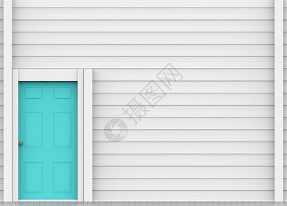 木头3d白色板墙壁背景的浅蓝色门框架建造图片