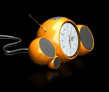旧橙色警报钟黑背景有收音机用闹钟摇醒音乐唤来图片