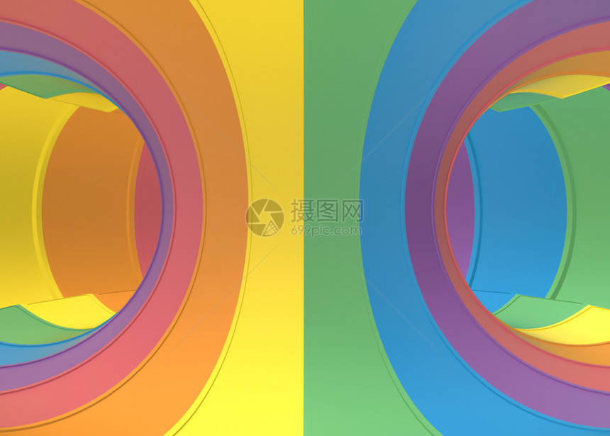 渲染现代的3d将彩虹之光一环圆形曲线洞背景化为甜的图片