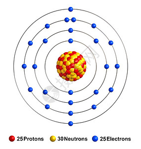 由白色背景上隔绝的锰原子结构3d成形质子以红球中为黄电蓝等形式出现公球体结构背景图片