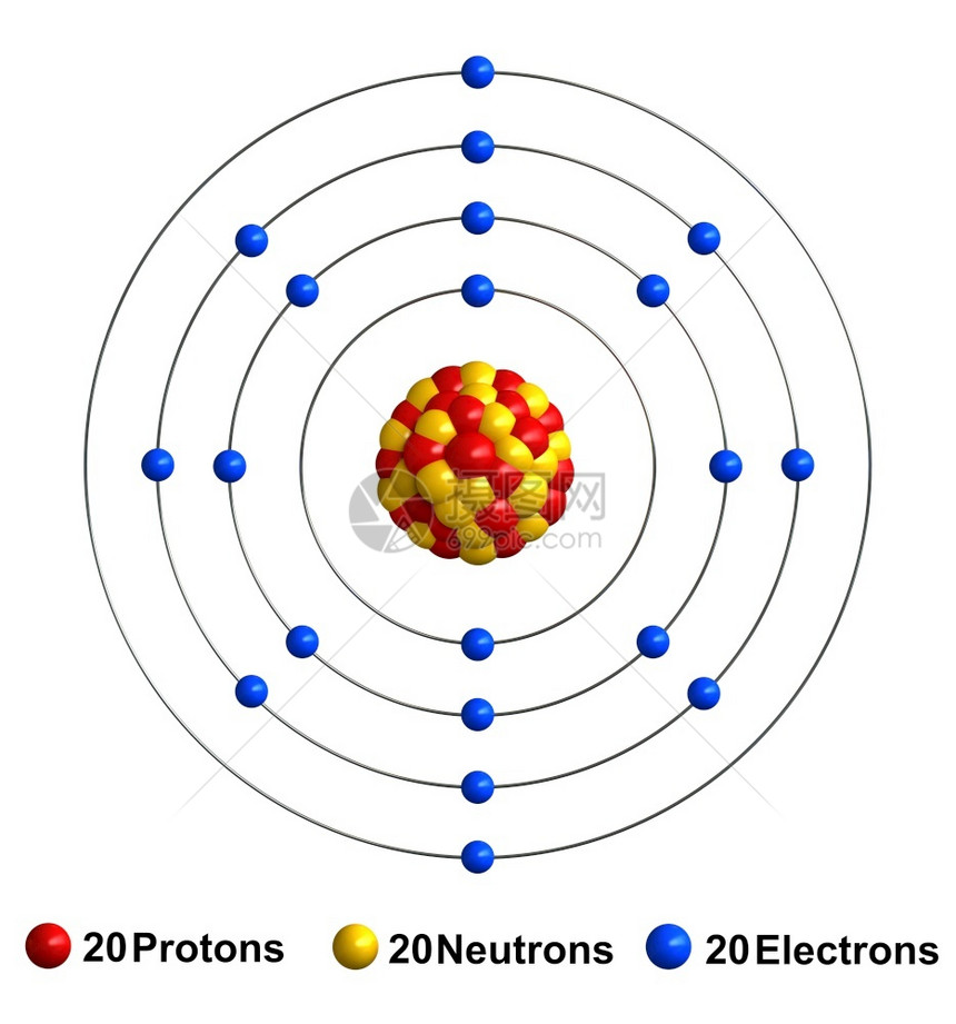 教育红色的蓝石质以红球中子作为黄电蓝等形式出现在白色背景上孤立的钙原子结构形成3d质素被表述为红球电子作蓝图片