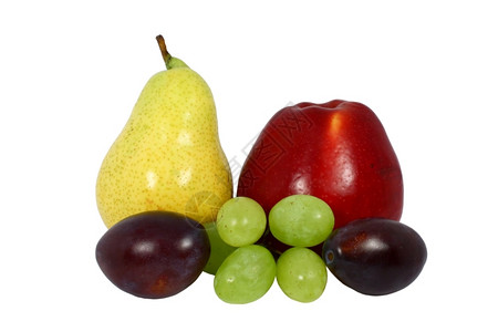 季节水果梨苹李子和葡萄孤立健康黄色的多汁图片