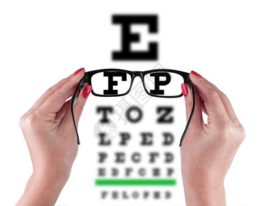 框架女手部的黑眼镜在视力测试图表背景上被孤立眼睛医疗的图片
