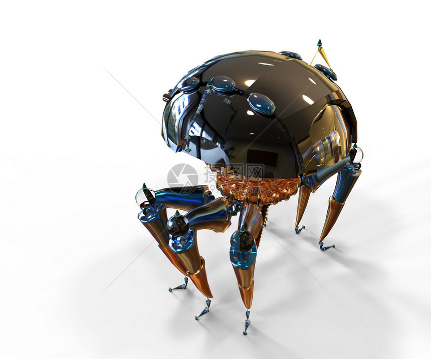 技术未来派3D机器人蜘蛛及其镀铬金属部件在白色上分离成的机器人蜘蛛阴影图片
