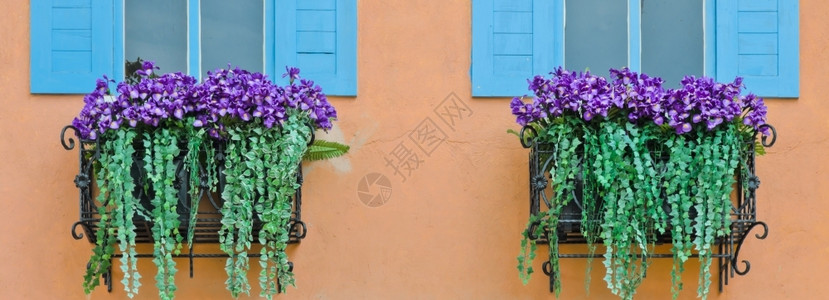 悬挂式人造花盆阳台复古的紫色图片