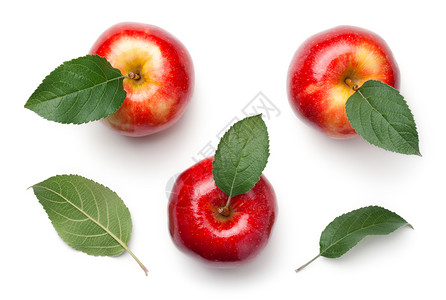 多汁的白色背景上孤立的红苹果绿色叶子Gala苹果顶视图美味的新鲜图片