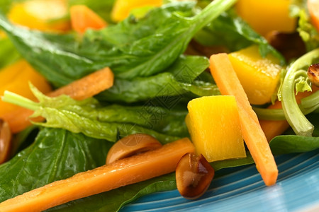 生的水果平新鲜菠菜芒果和胡萝卜沙拉蓝盘花生有选择焦点关注前面的芒果片图片