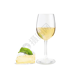 藤蔓白葡萄酒和一小片卡门特奶酪白底面孤立的产品庆典图片