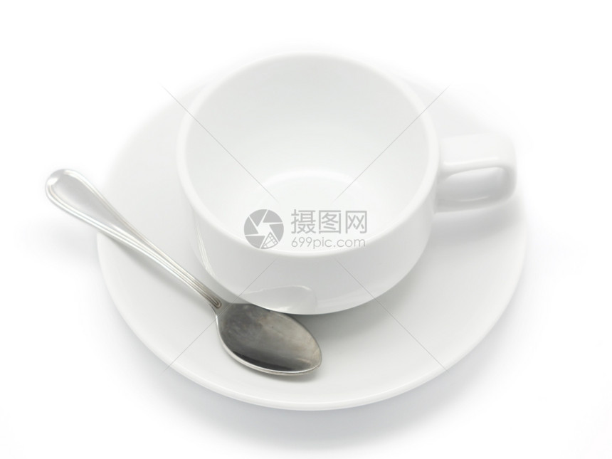 空咖啡杯和勺子白背景孤立于盘子茶碗休息图片