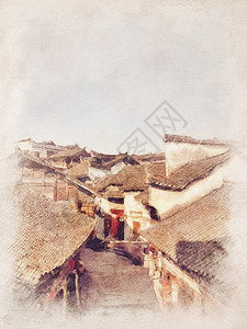 水彩风背景亚洲建造日产湖南省风港古城水彩地貌图案历史背景