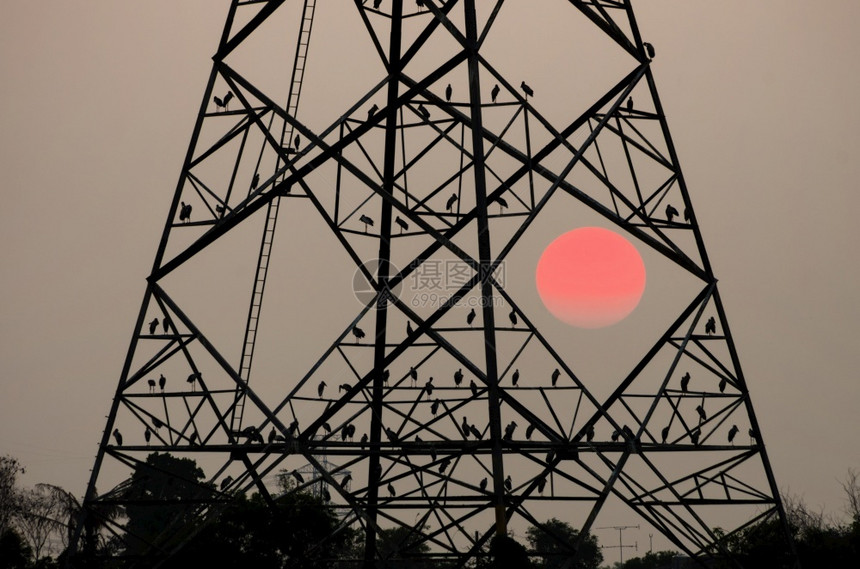 传送轮廓电极的日落光影大太阳和电极的天空图片