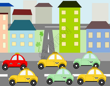 高楼绿色镇乘出租车在路上进城图片