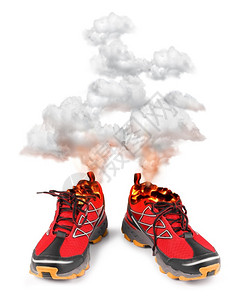 抽烟辉光疲劳的白种背景孤立红热跑步运动鞋设计图片