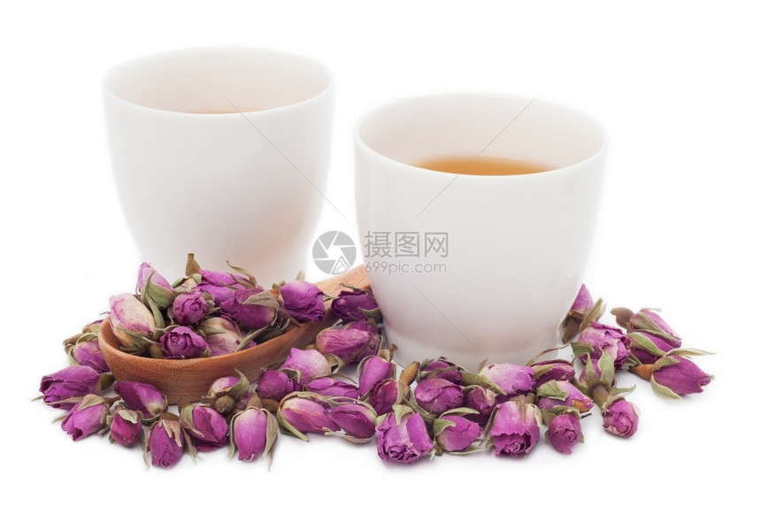 饮料两杯玫瑰茶白底带干红玫瑰花朵文化芳香图片